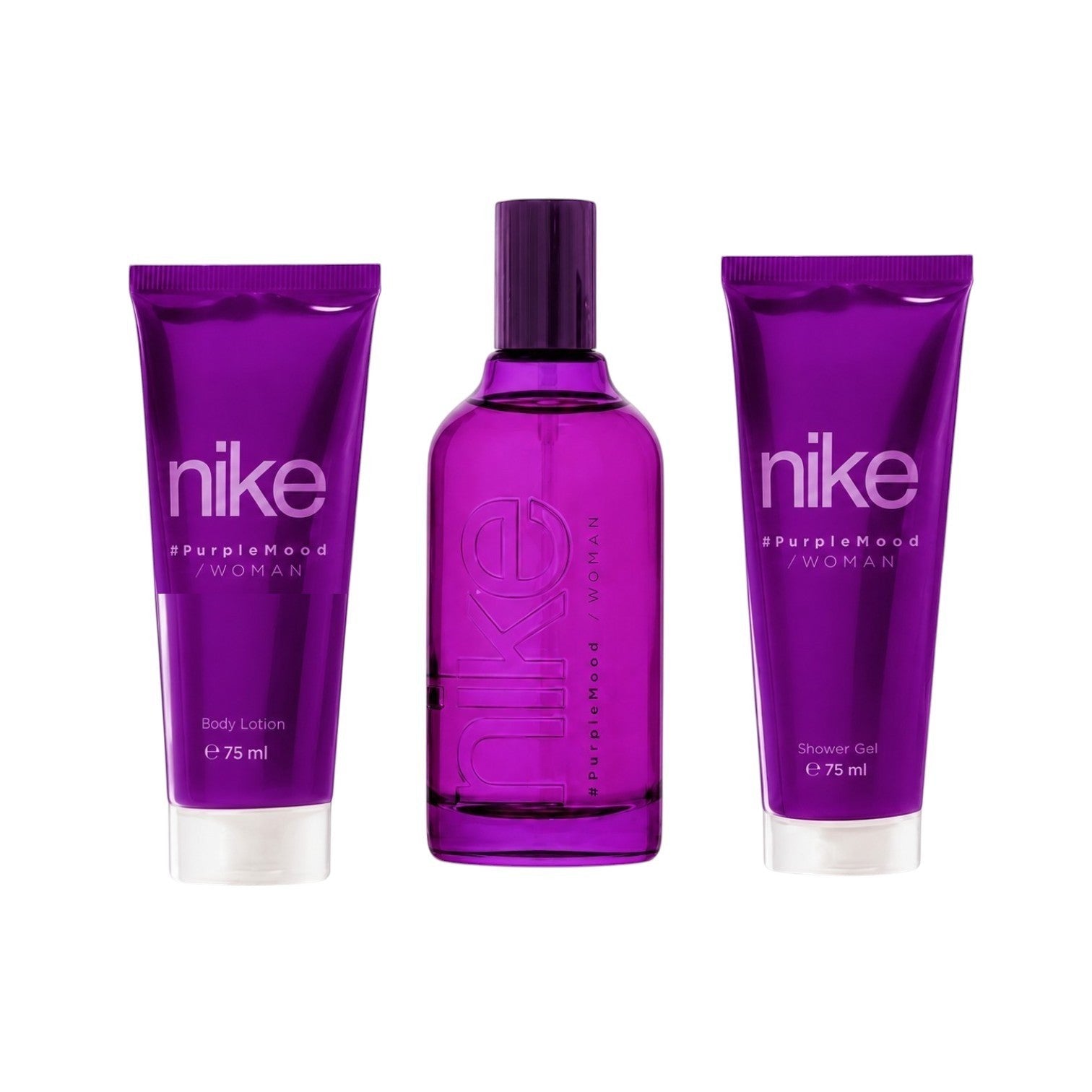 Tap2Own Nike Purple Mood fragrance gift set featuring an Eau de Toilette, body lotion, and shower gel in purple.