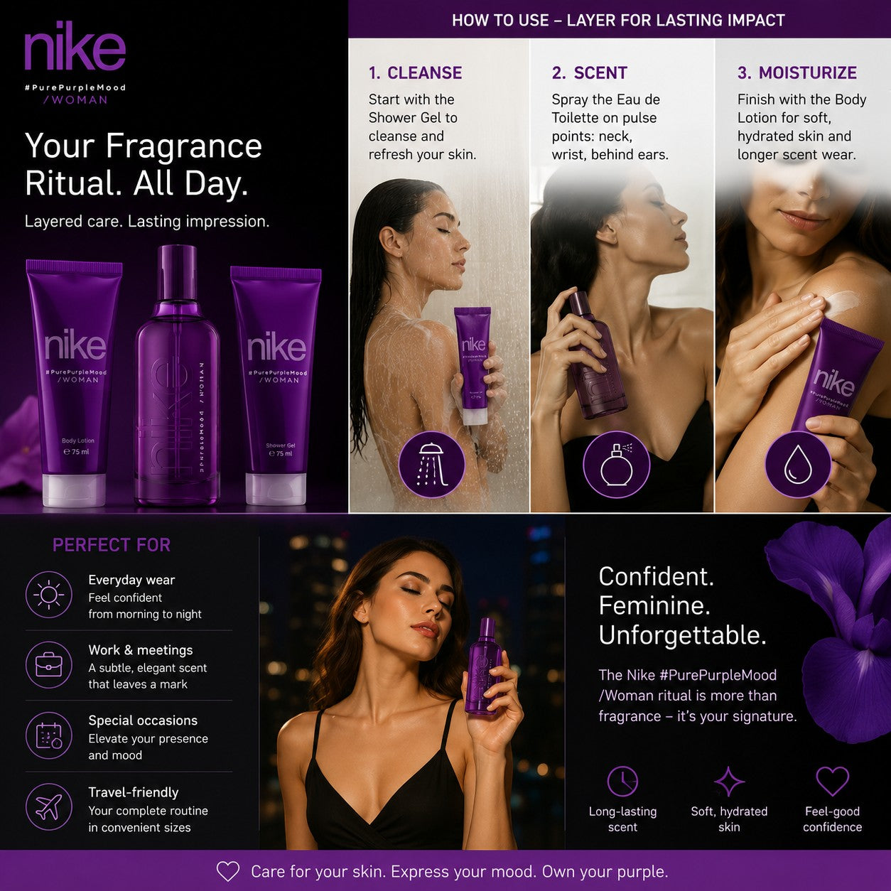 Tap2Own nike Purple Mood fragrance gift set featuring shower gel, body lotion, and perfume with application guide
