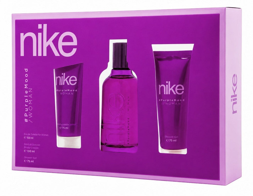 Tap2Own Nike Purple Mood Woman gift set featuring an Eau de Toilette, body lotion, and shower gel in a purple box.