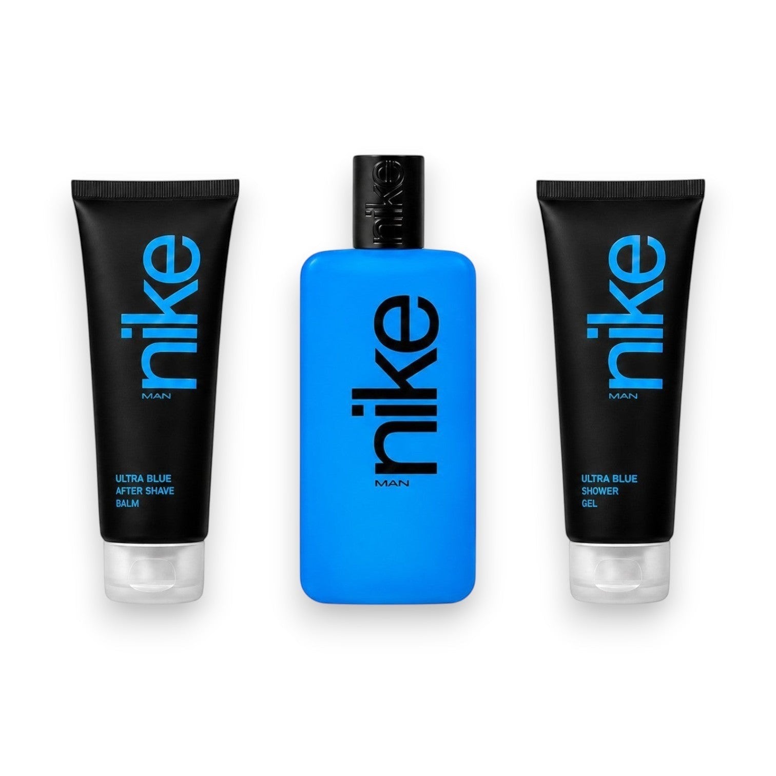 Tap2Own Nike Ultra Blue fragrance gift set featuring a blue Eau de Toilette bottle, black shower gel, and after shave balm.