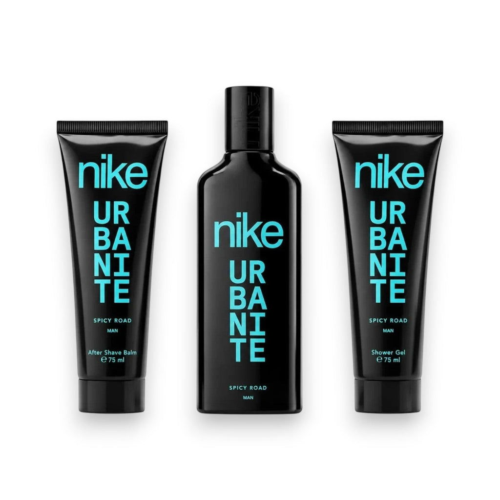 Tap2Own Nike Urbanite Spicy Road men's grooming set with black fragrance bottle, after shave balm, and shower gel.