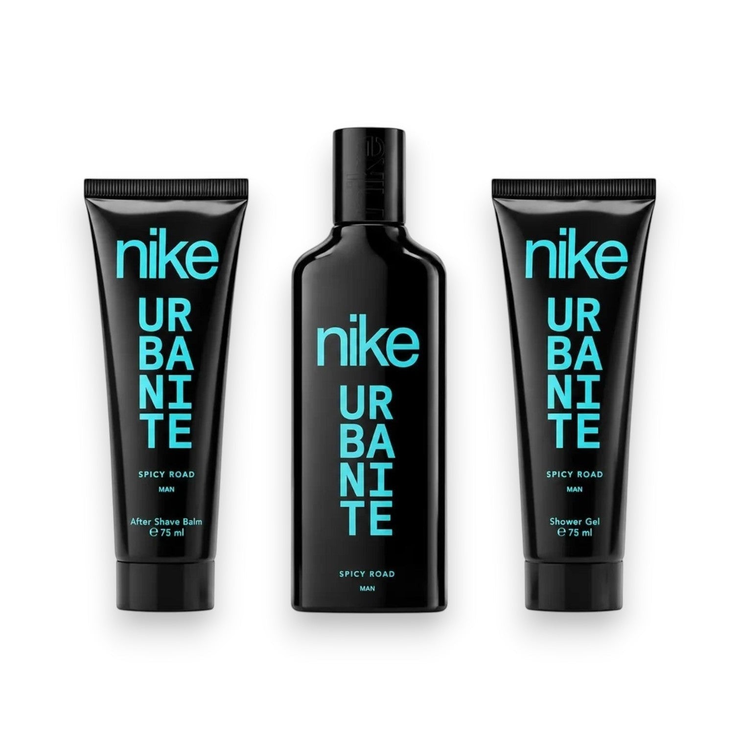Tap2Own Nike Urbanite Spicy Road men's grooming set with black fragrance bottle, after shave balm, and shower gel.