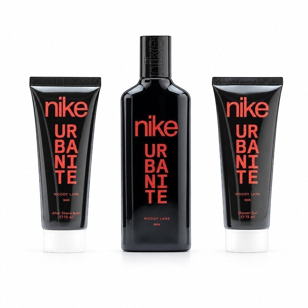 Tap2Own Nike Urbanite Woody Lane grooming set with black bottles and tubes featuring bold red typography.