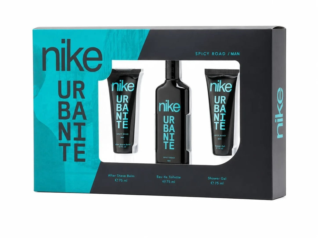 Tap2Own Nike Urbanite Spicy Road men's grooming gift set featuring Eau de Toilette, after shave balm, and shower gel.