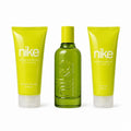 Tap2Own Nike #YummyMusk gift set featuring a 75ml perfume bottle, body lotion, and shower gel in bright lime green.