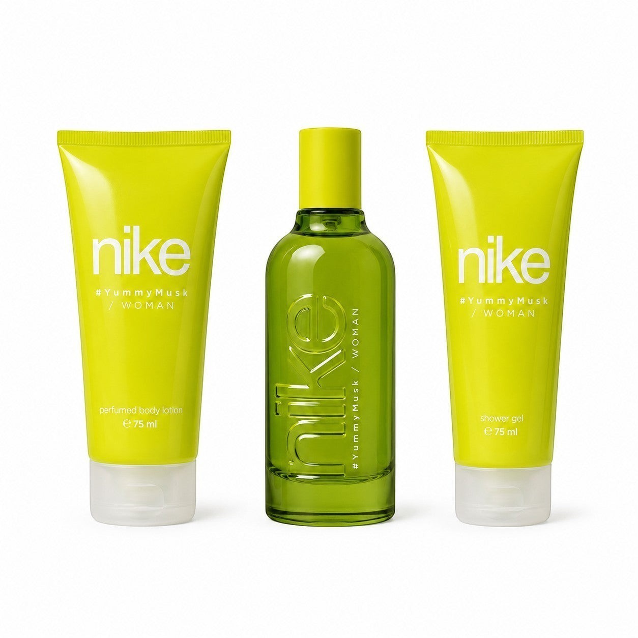 Tap2Own Nike #YummyMusk gift set featuring a 75ml perfume bottle, body lotion, and shower gel in bright lime green.