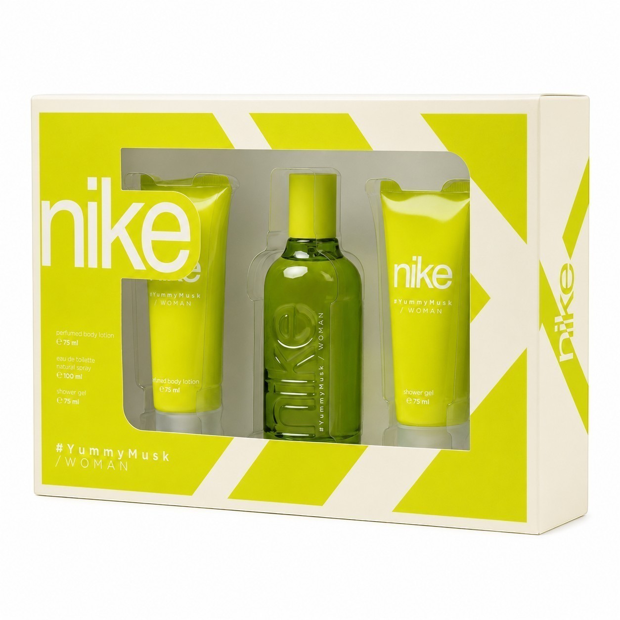 Tap2Own Nike #YummyMusk gift set featuring a perfume bottle, body lotion, and shower gel in a bright yellow box.