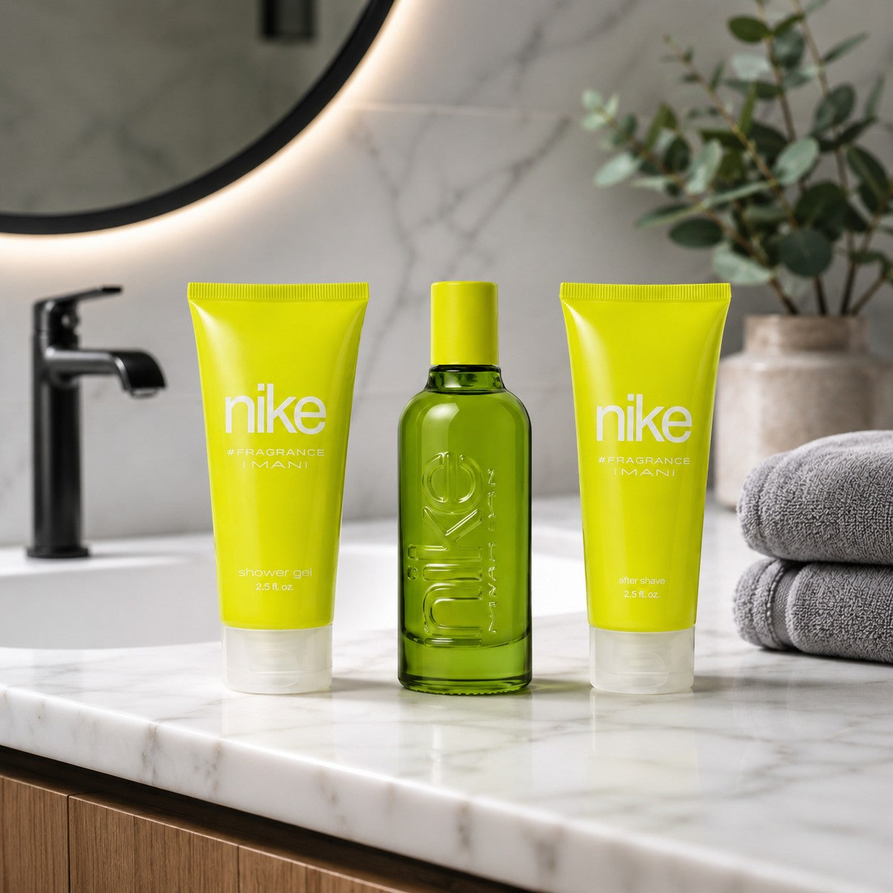 Tap2Own Nike #YummyMusk fragrance set with lime green shower gel, after shave, and perfume bottle on bathroom counter