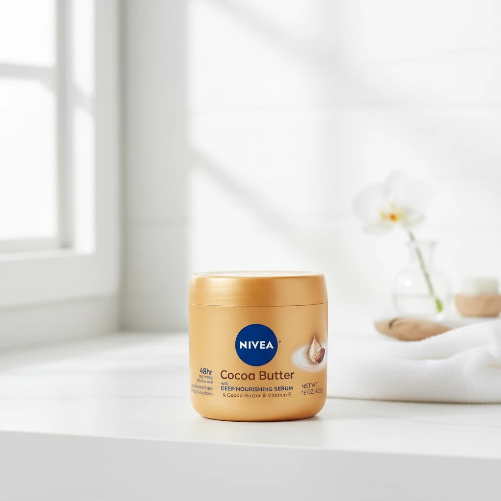 Tap2Own NIVEA Cocoa Butter Deep Nourishing Body Cream in a 16 oz gold jar on a white surface with a towel and orchid.