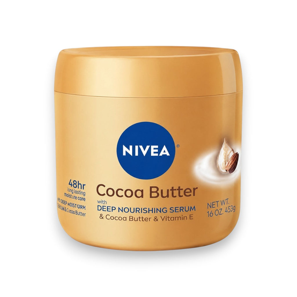 Tap2Own NIVEA Cocoa Butter Deep Nourishing Body Cream in a 16 oz jar for 48-hour moisture and skin hydration.