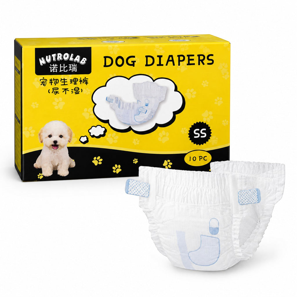 Tap2Own Nutrolab dog diapers, size SS, 10 count. White, disposable, with blue accents and paw print design.