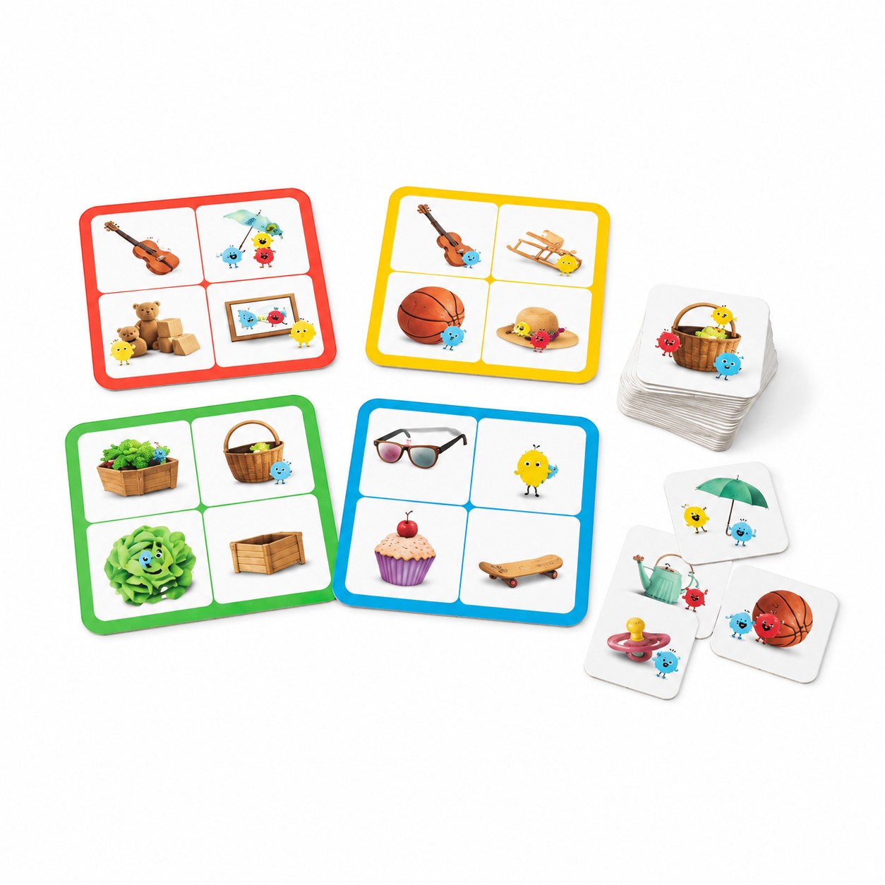 Tap2Own Pic Toys Educational Object Matching Game cards featuring a violin, teddy bears, basketball, hat, sunglasses, cupcake, skateboard, and vegetables.