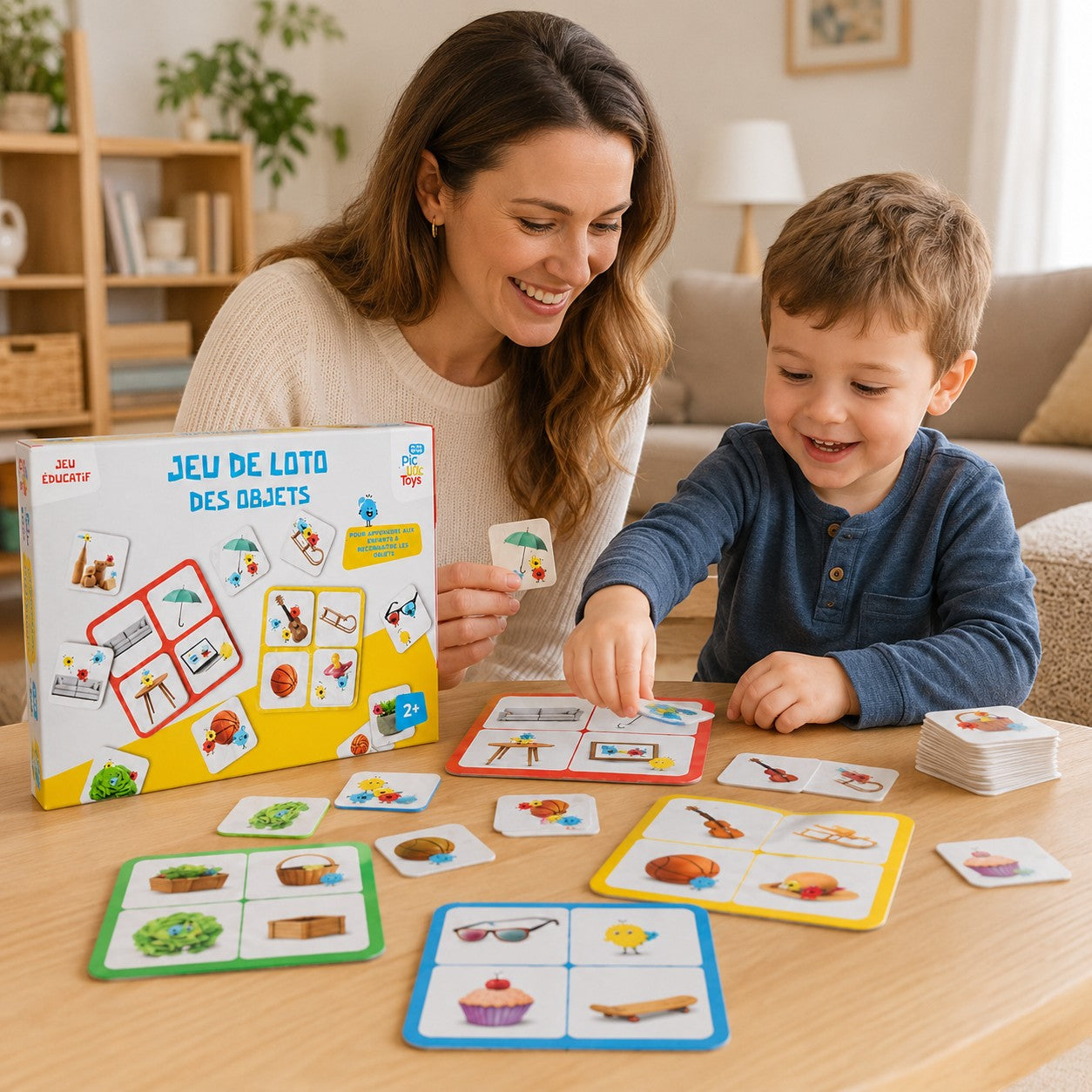 Tap2Own Pic Toys Educational Object Matching Game with mother and son playing. Features colorful cards with objects like umbrellas, basketballs, and cupcakes.