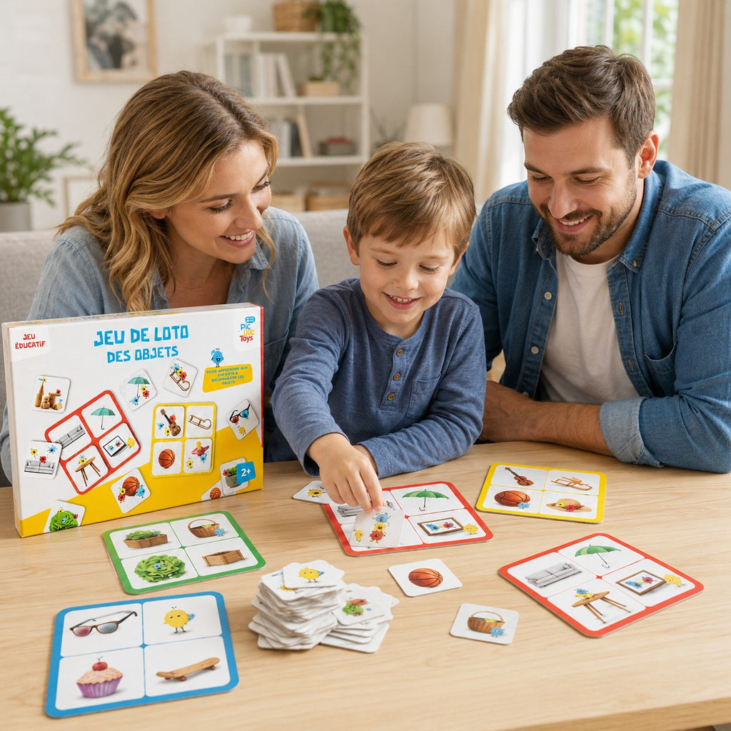 Tap2Own Educational Object Matching Game box and cards with a family playing. Features colorful cards with everyday objects like a basket, lettuce, sunglasses, cupcake, skateboard, umbrella, guitar, sled, and basketball.