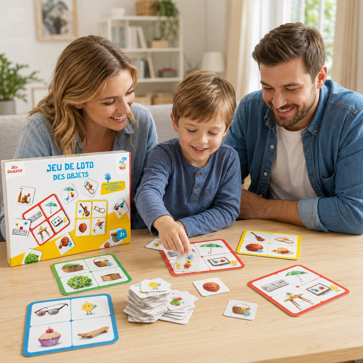 Tap2Own Educational Object Matching Game box and cards with a family playing. Features colorful cards with everyday objects like a basket, lettuce, sunglasses, cupcake, skateboard, umbrella, guitar, sled, and basketball.