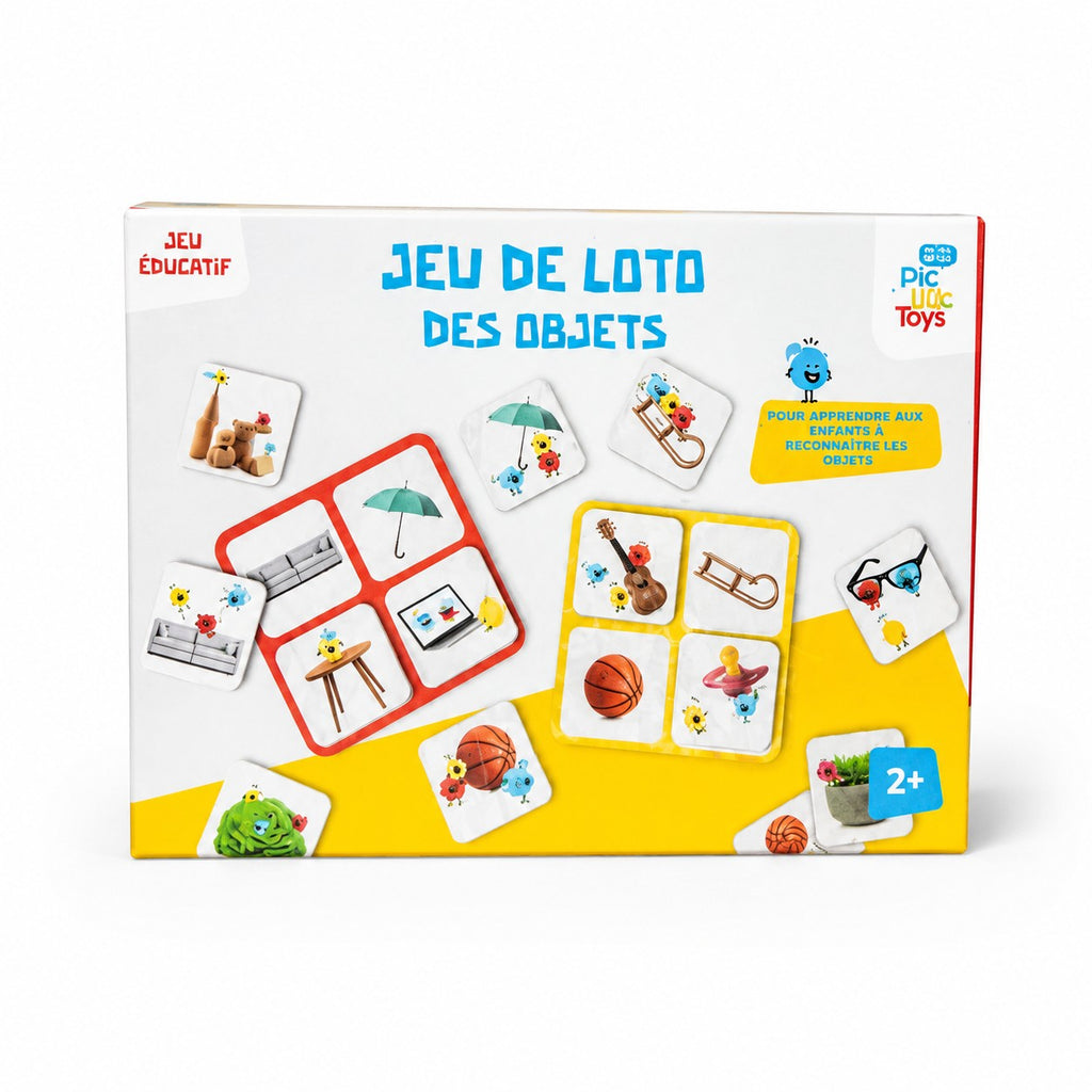 Tap2Own Pic Toys Educational Object Matching Game for ages 2+, featuring cards with objects like umbrellas, guitars, and basketballs.