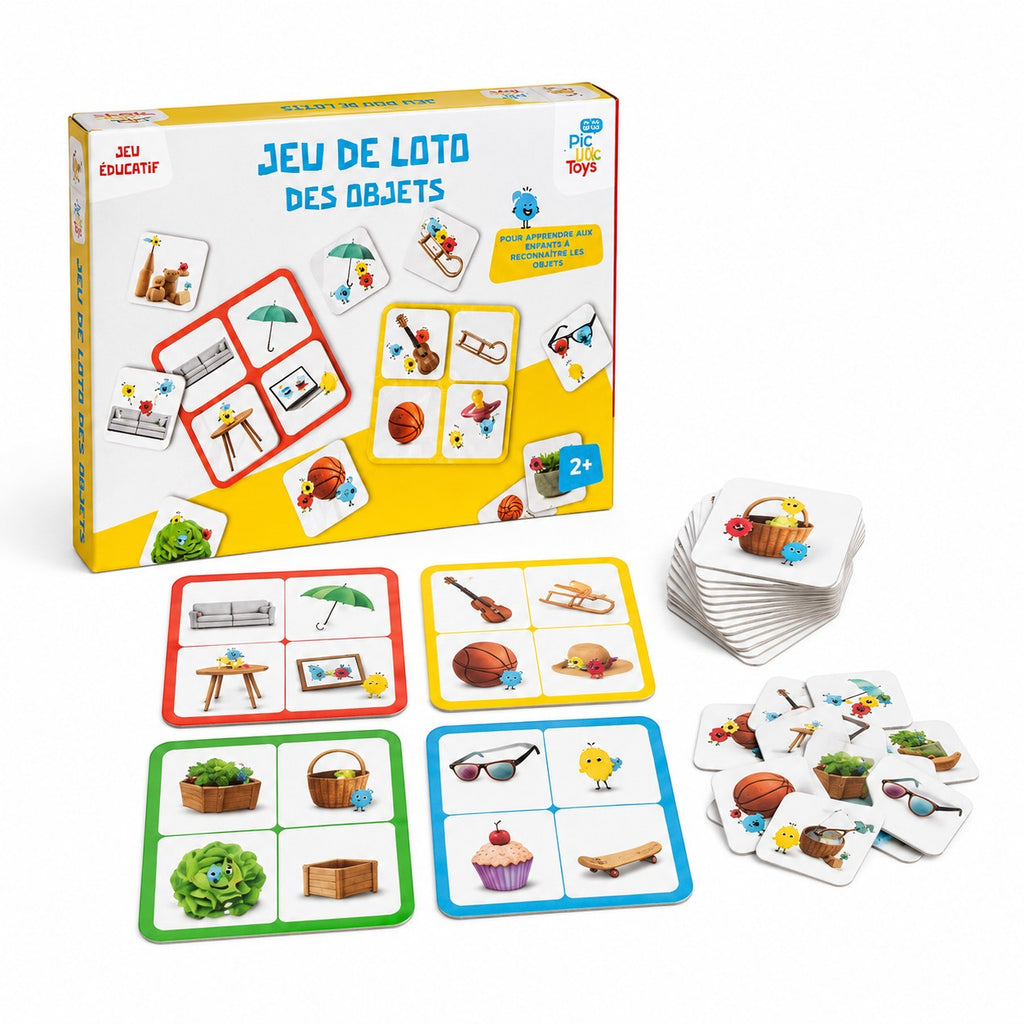 Tap2Own Educational Object Matching Game for ages 2+, featuring colorful cards with objects like a sofa, umbrella, guitar, and cupcake.