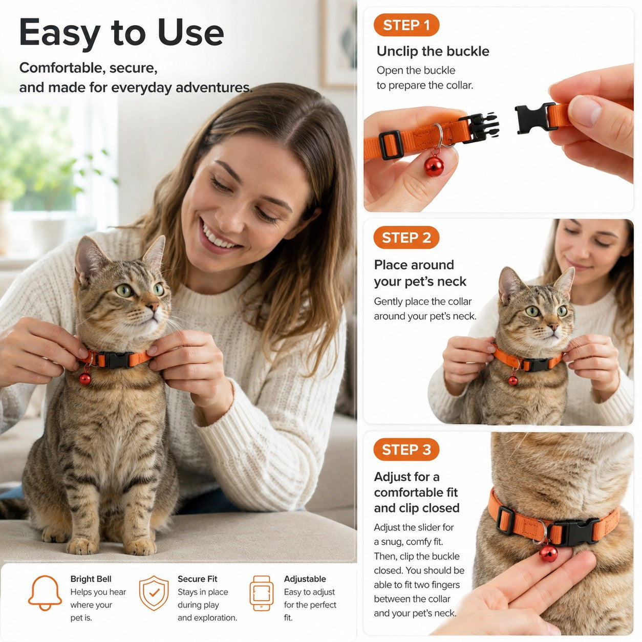 Tap2Own orange nylon adjustable pet collar with bell, shown on a cat. Features quick-release buckle.