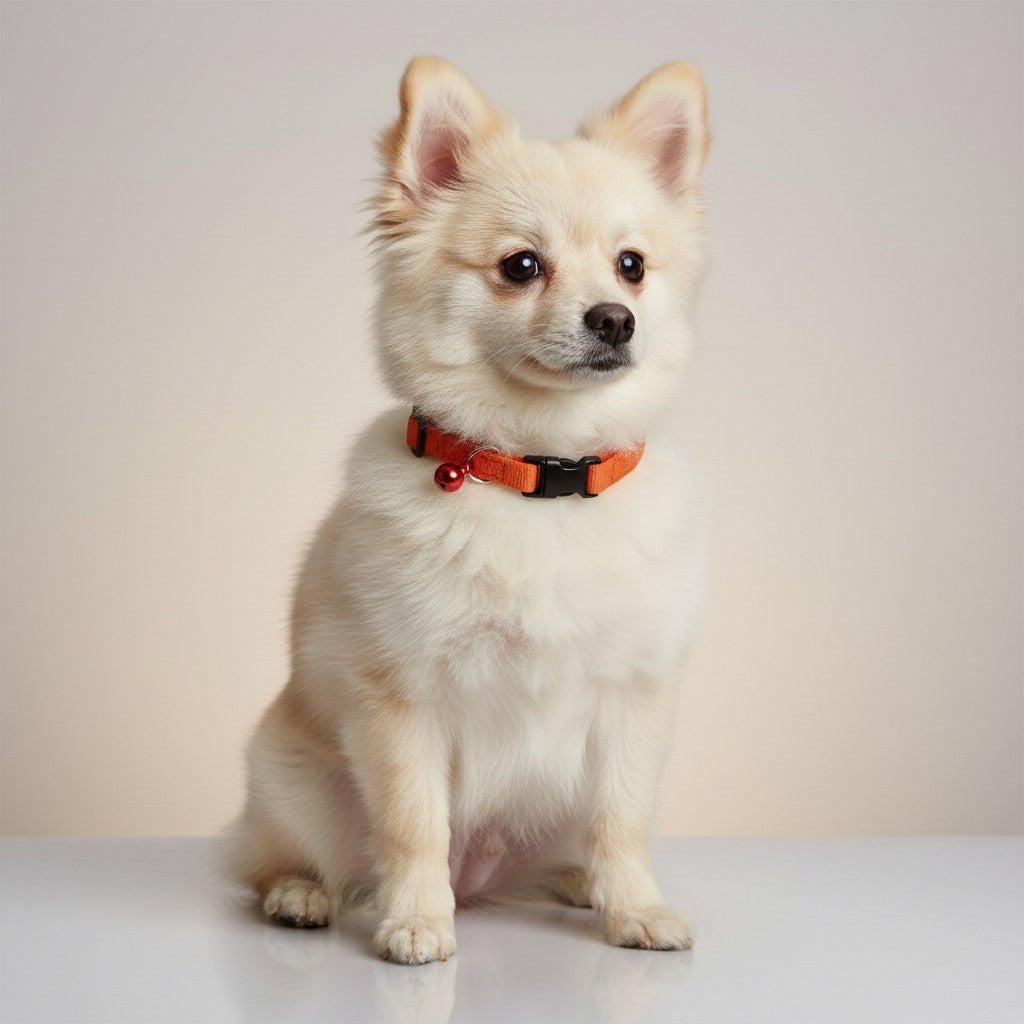 Tap2Own orange fabric pet collar with black buckle and red bell