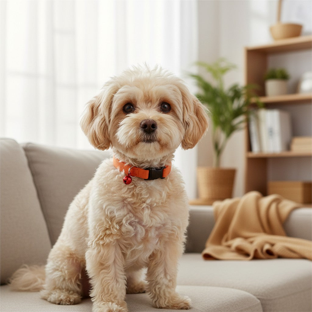 Tap2Own orange fabric pet collar with a red bell and black buckle