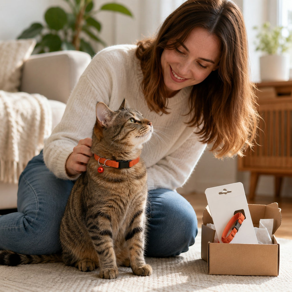 Tap2Own orange adjustable nylon pet collar with bell on tabby cat, with woman petting cat.