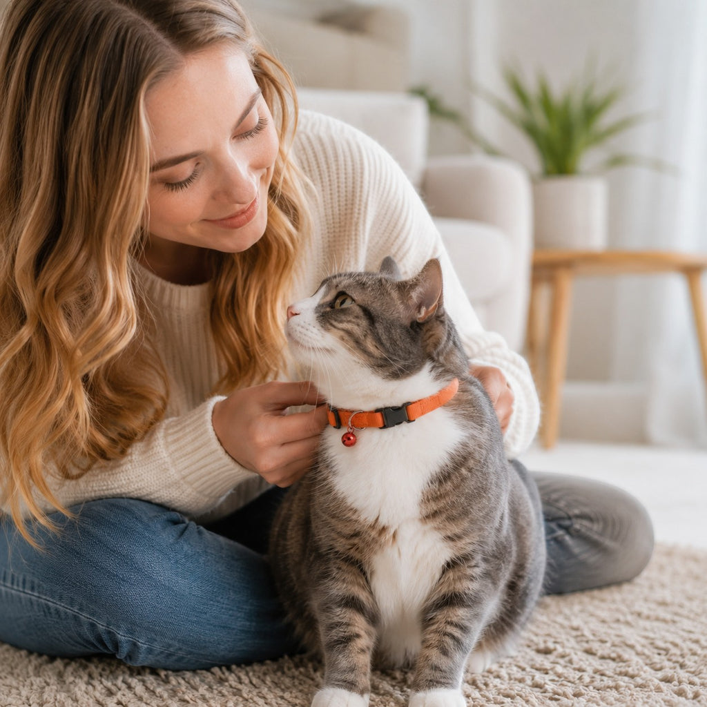 Tap2Own adjustable orange nylon pet collar with bell on a grey and white cat