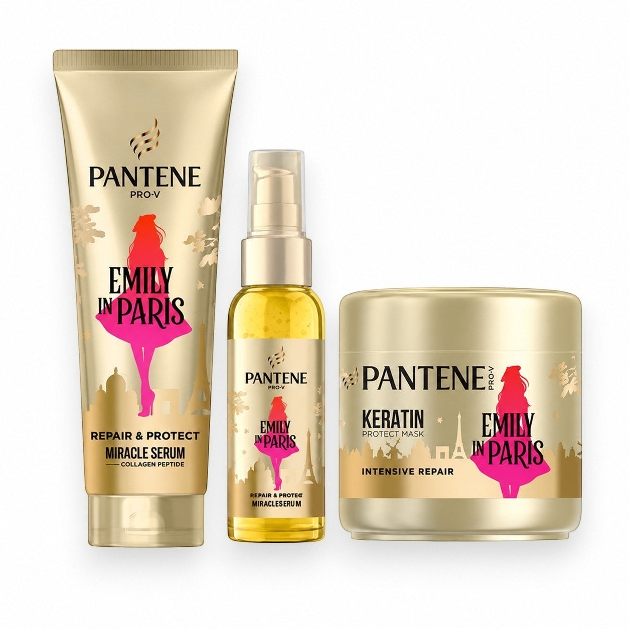 Tap2Own Pantene Pro-V Emily in Paris hair care set featuring a miracle serum and keratin protect mask in gold bottles.
