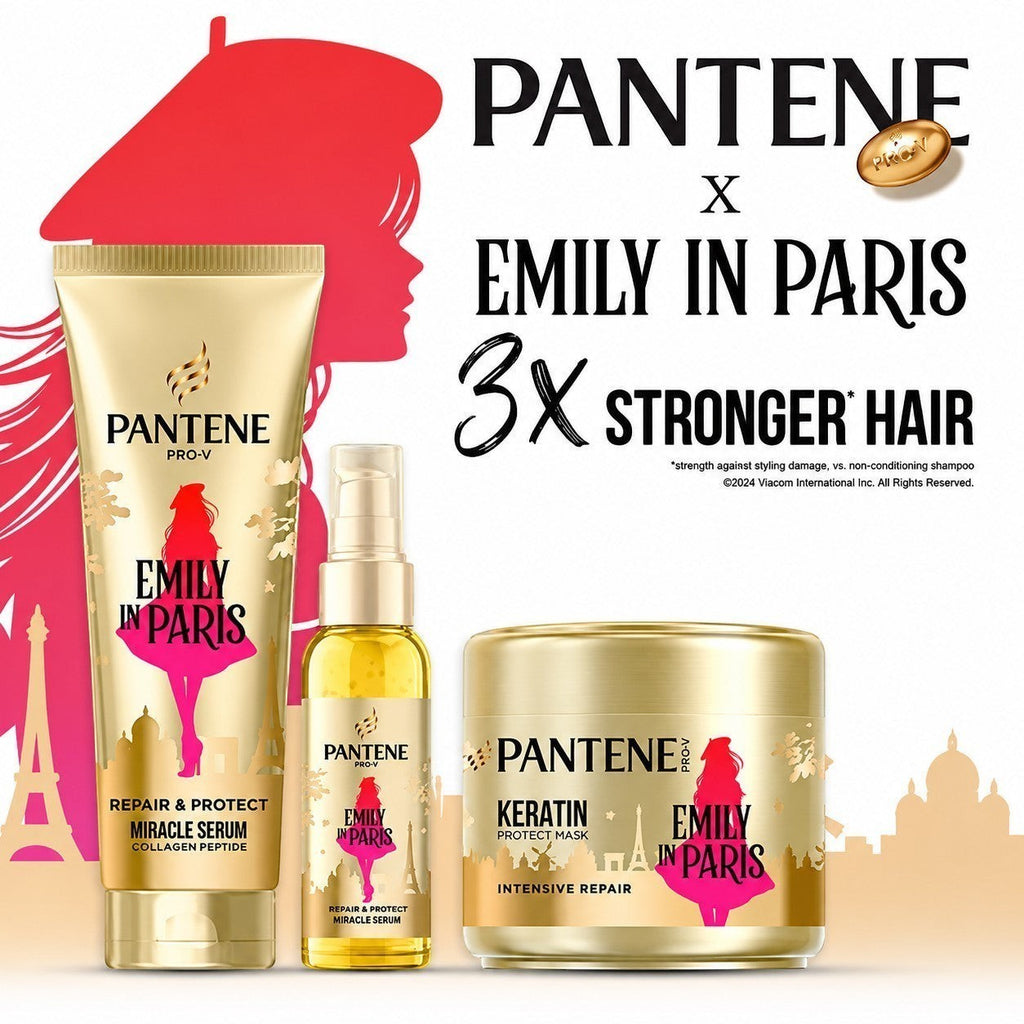 Tap2Own Pantene Pro-V Emily in Paris hair care collection featuring a serum, mask, and tube with gold packaging.