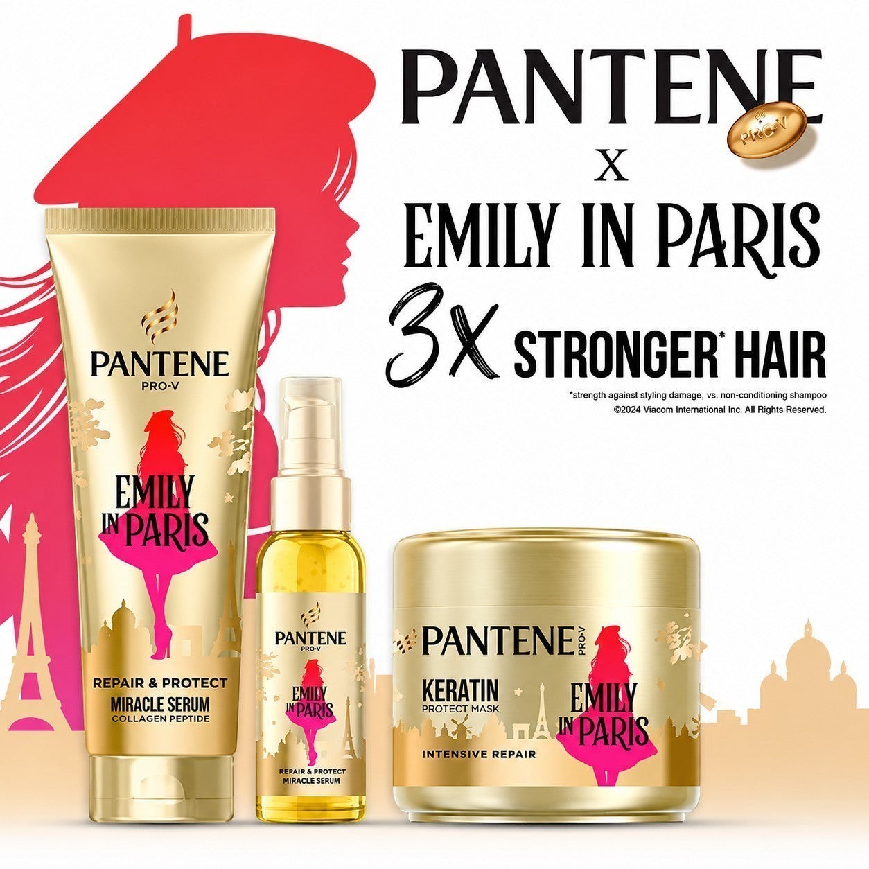 Tap2Own Pantene Pro-V Emily in Paris hair care collection featuring a serum, mask, and tube with gold packaging.