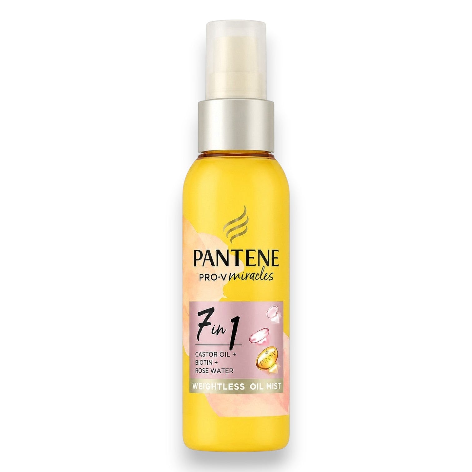Tap2Own Pantene Pro-V Miracles 7-in-1 weightless hair oil mist in a yellow spray bottle with castor oil and biotin.