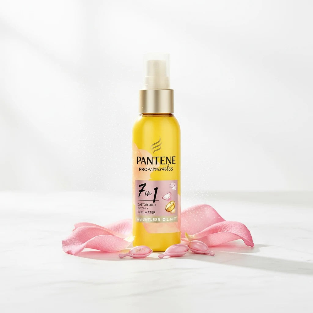 Tap2Own Pantene Pro-V Miracles 7-in-1 weightless hair oil mist bottle with rose petals on a white surface.