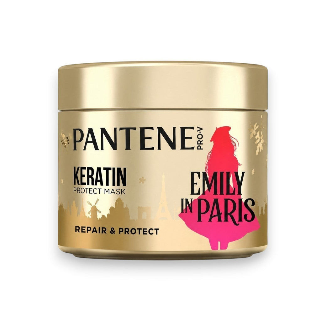 Tap2Own Pantene Pro-V Emily in Paris Keratin Protect Mask in a gold jar for intensive hair repair and nourishment.