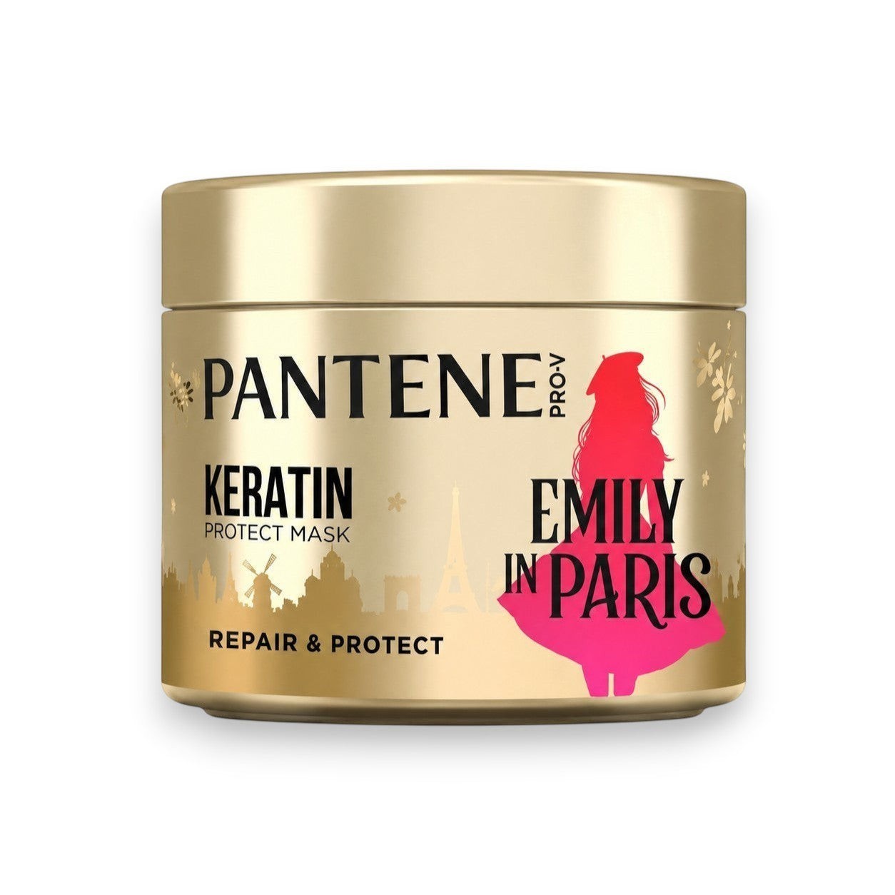Tap2Own Pantene Pro-V Emily in Paris Keratin Protect Mask in a gold jar for intensive hair repair and nourishment.