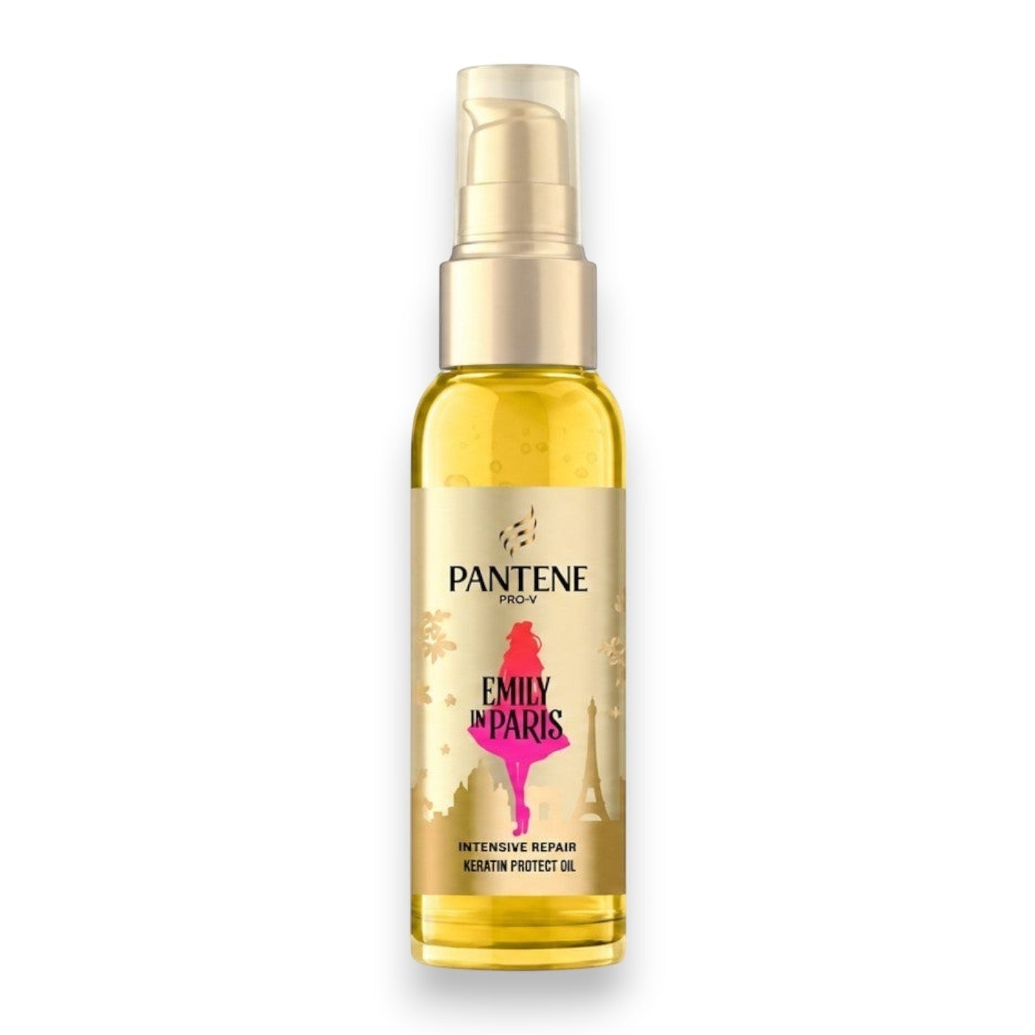 Tap2Own Pantene Pro-V Emily in Paris Keratin Protect hair oil in a gold pump bottle for intensive repair.