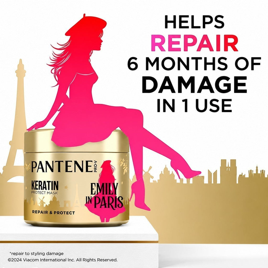 Tap2Own Pantene Pro-V Emily in Paris Keratin Protect Mask gold jar with Parisian silhouette graphic