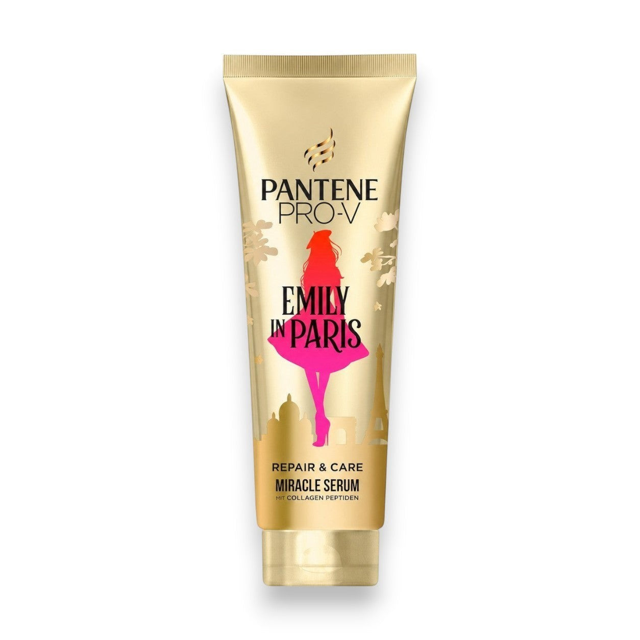 Tap2Own Pantene Pro-V Emily in Paris Miracle Serum hair treatment in a gold tube with Parisian silhouette graphic.