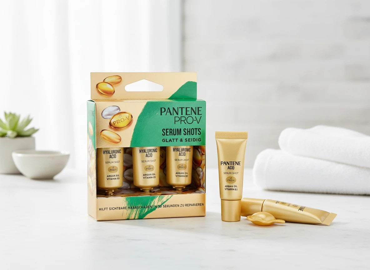 Tap2Own Pantene Pro-V Serum Shots hair treatment set featuring gold tubes with hyaluronic acid and argan oil.