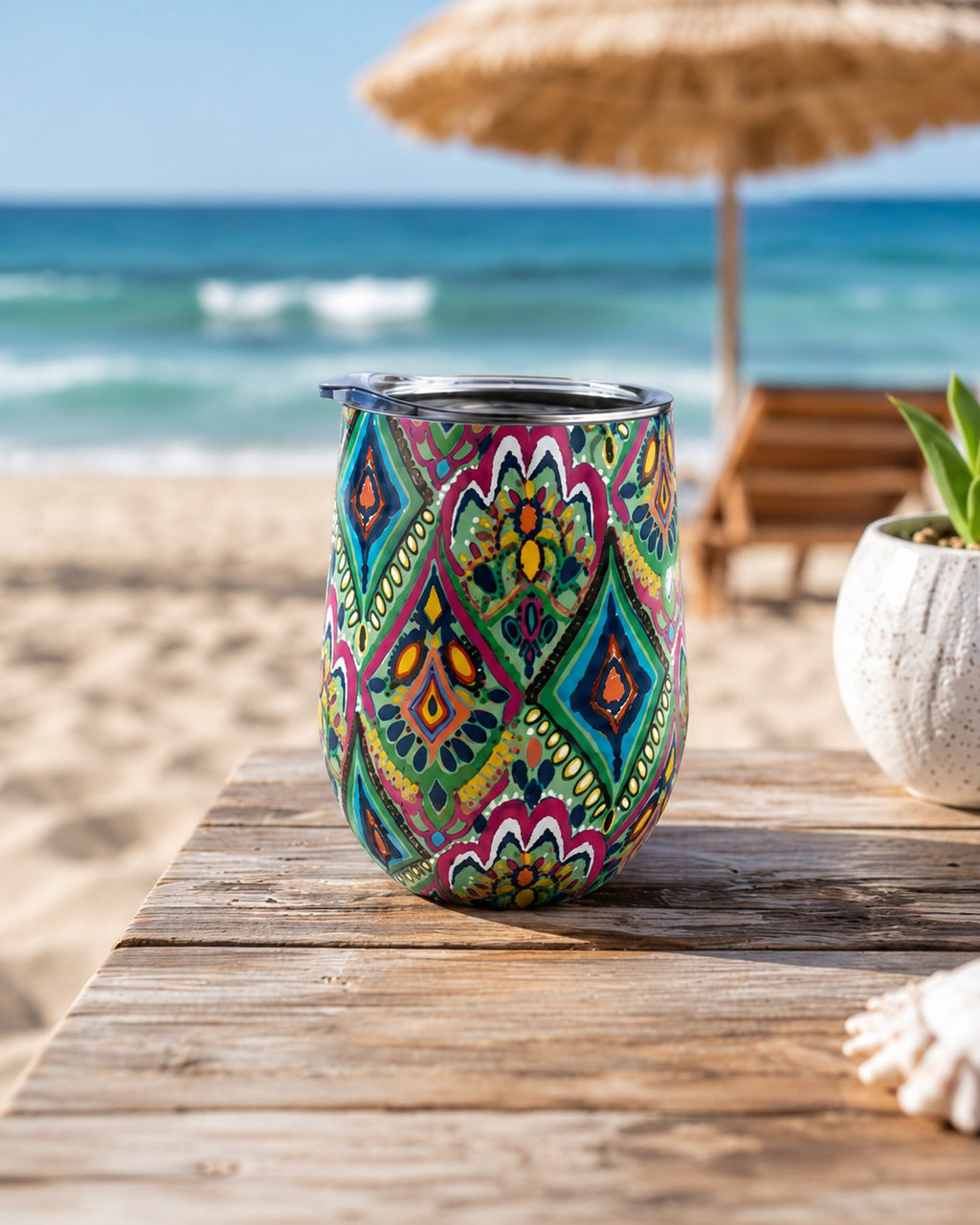 Tap2Own stainless steel insulated wine tumbler with a vibrant bohemian pattern on a wooden table at the beach.