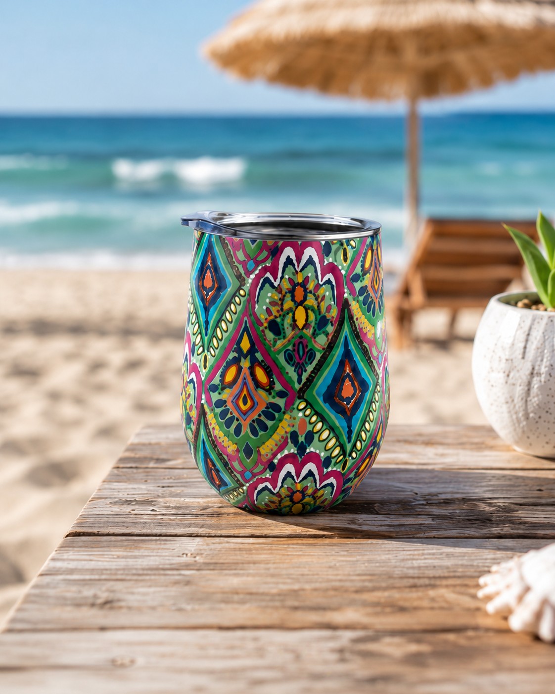 Tap2Own stainless steel insulated wine tumbler with a vibrant bohemian pattern on a wooden table at the beach.