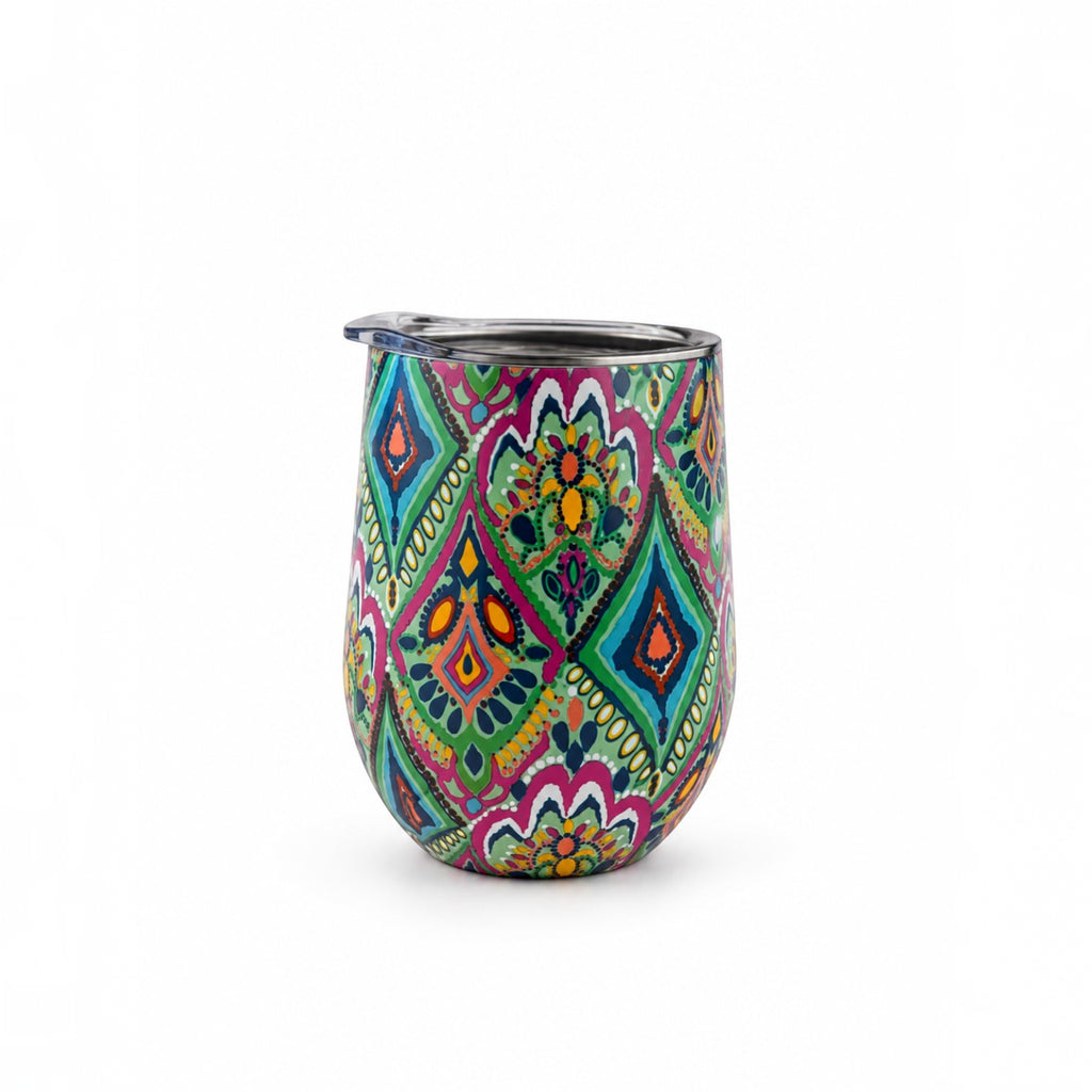 Tap2Own stainless steel insulated wine tumbler with a vibrant, colorful bohemian pattern and spill-resistant lid.