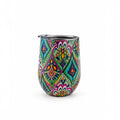 Tap2Own stainless steel insulated wine tumbler with a vibrant, colorful bohemian pattern and spill-resistant lid.