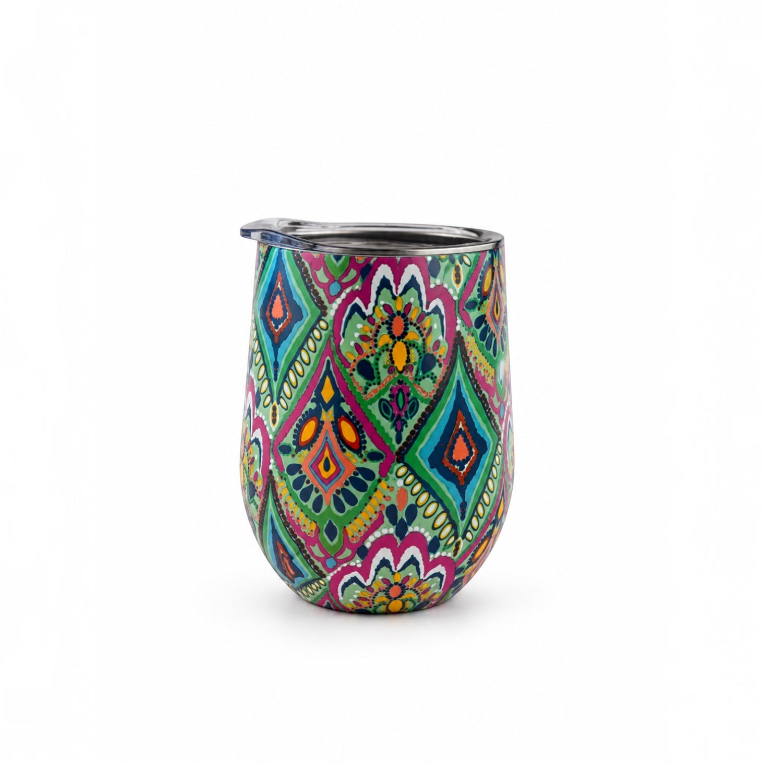 Tap2Own stainless steel insulated wine tumbler with a vibrant, colorful bohemian pattern and spill-resistant lid.