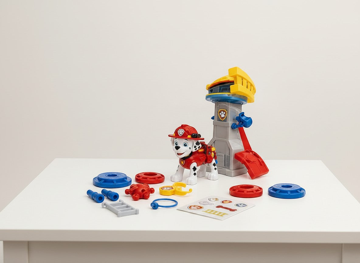 Tap2Own Paw Patrol Marshall rescue tower playset with working launcher, ladder, and accessories. Includes Marshall figure with pup pack.