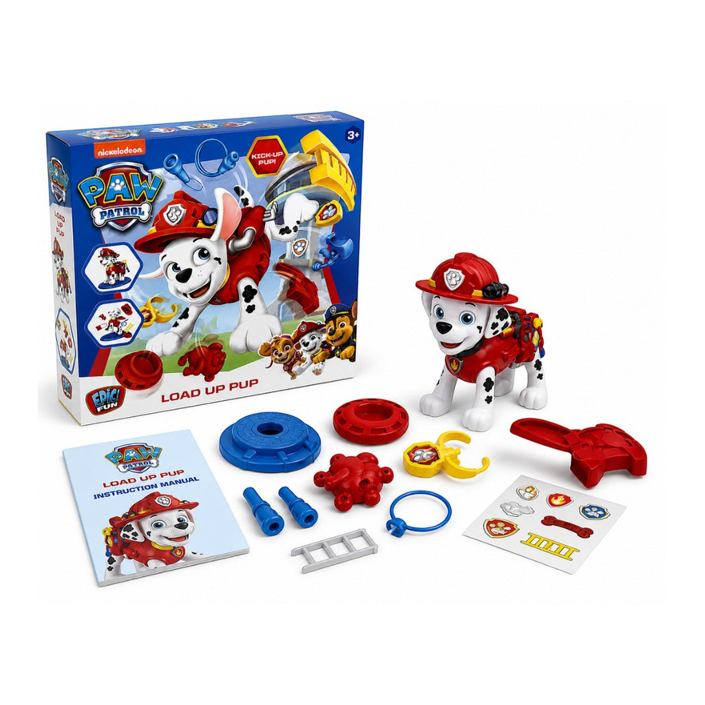 Tap2Own Paw Patrol Load Up Pup Rescue Tower Playset with Marshall figure, accessories, and instruction manual.