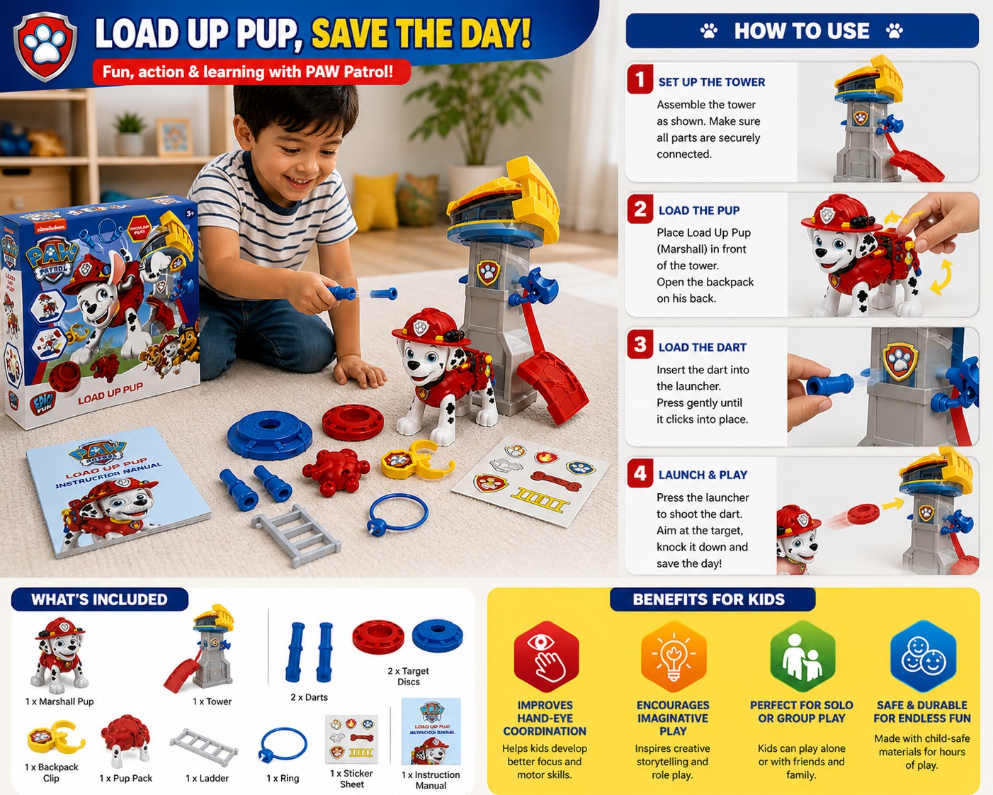 Tap2Own Paw Patrol Load Up Pup Rescue Tower Playset with Marshall figure, working launcher, ladder, and accessories for imaginative rescue missions.