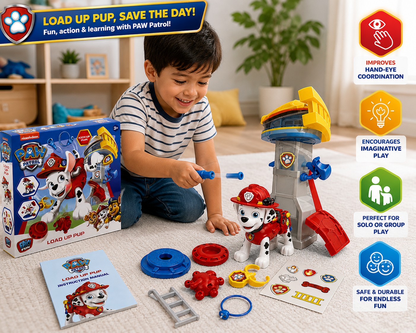 Tap2Own Paw Patrol Load Up Pup Rescue Tower Playset with Marshall figure, launcher, and accessories for imaginative play.