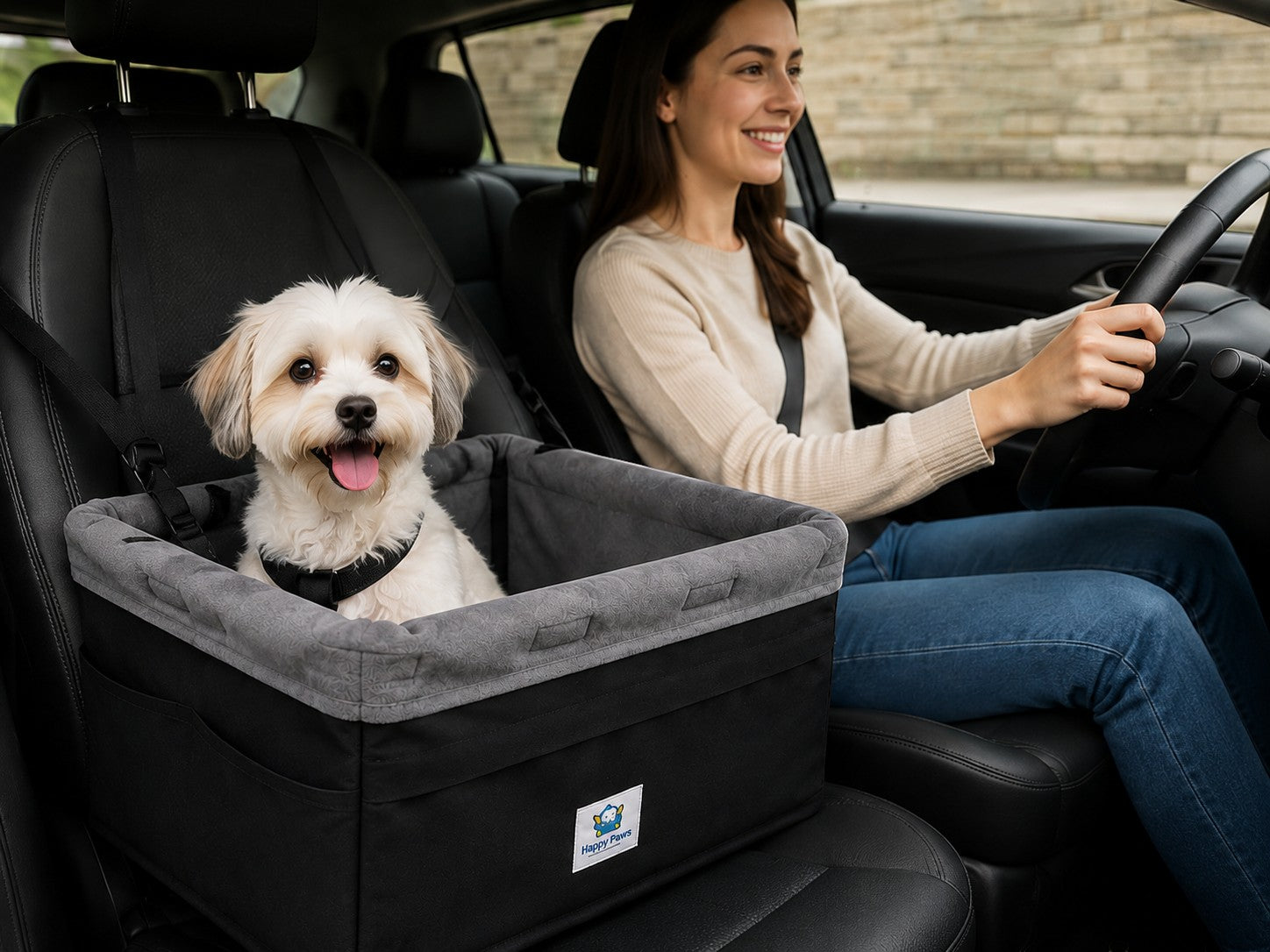 Tap2Own black and gray fabric pet booster seat with a small white dog inside, attached to car seat.