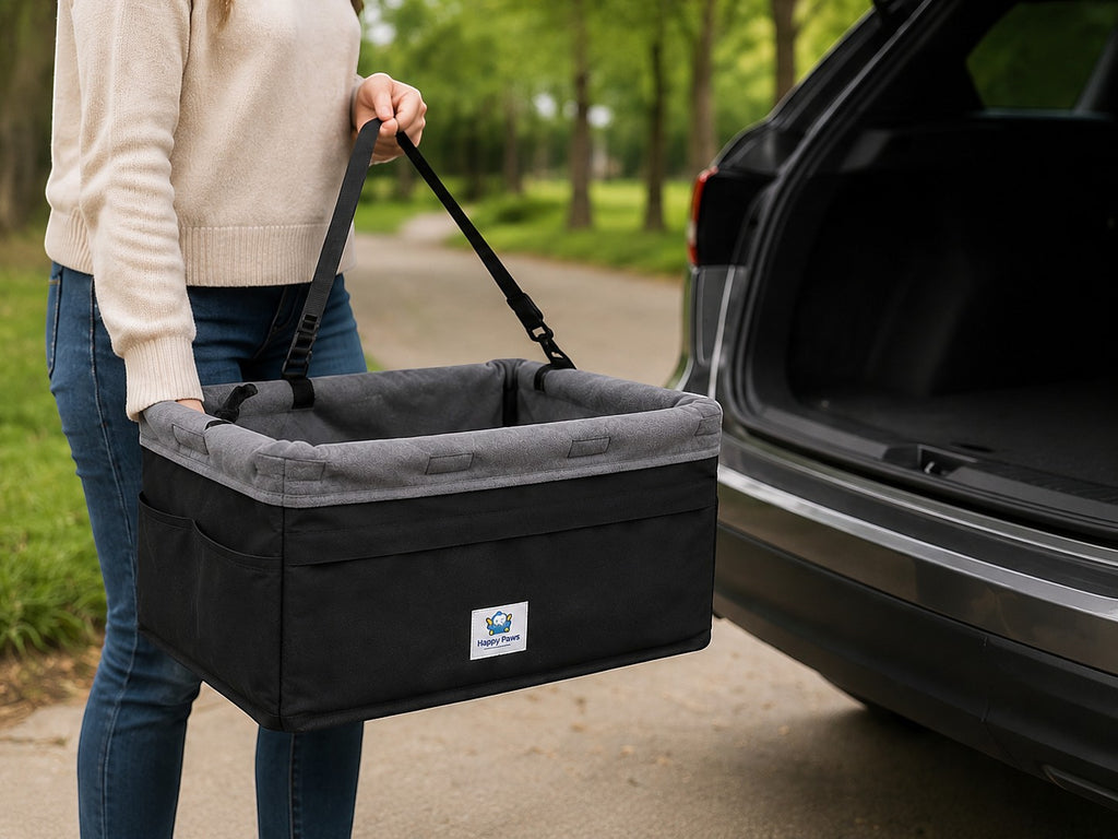 Tap2Own black and gray fabric pet booster seat with pockets and adjustable straps, for small to medium dogs.