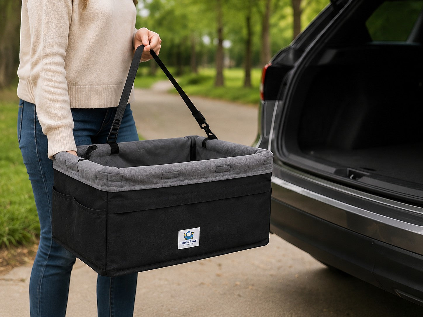 Tap2Own black and gray fabric pet booster seat with pockets and adjustable straps, for small to medium dogs.