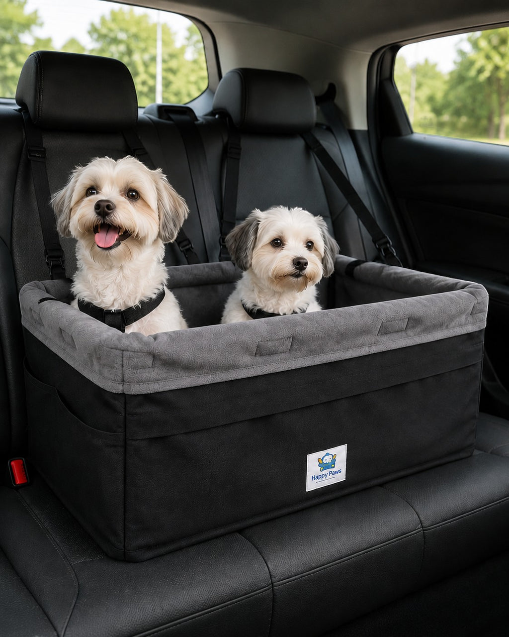 Tap2Own black and grey pet booster seat with two small dogs inside, secured with harnesses.